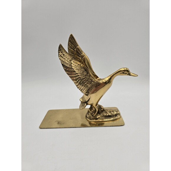 Vintage Brass Duck Wings Up Taking Off Figurine Bookend Paperweight Brass Base - Picture 5 of 11